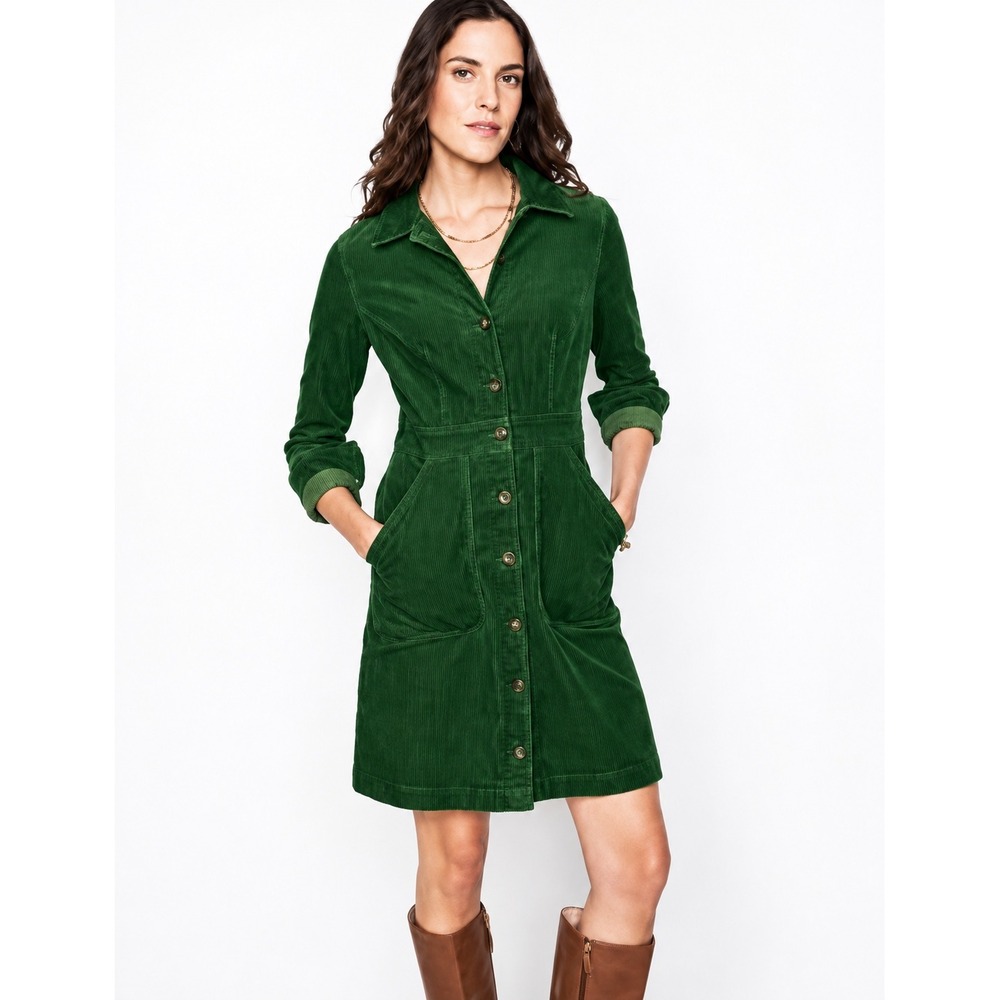 Boden Green Corduroy Button Front Midi Shirt Dress Womens 6P Petite